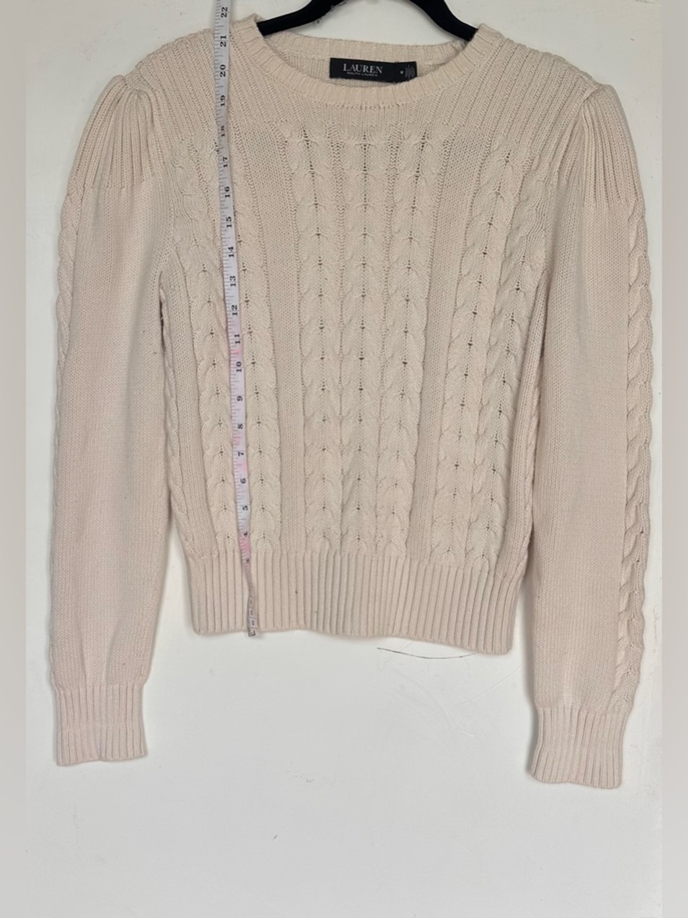 VTG Ralph Lauren Cream Cable-Knit Puff-Sleeve Crew Sweater "Not torn, not staine